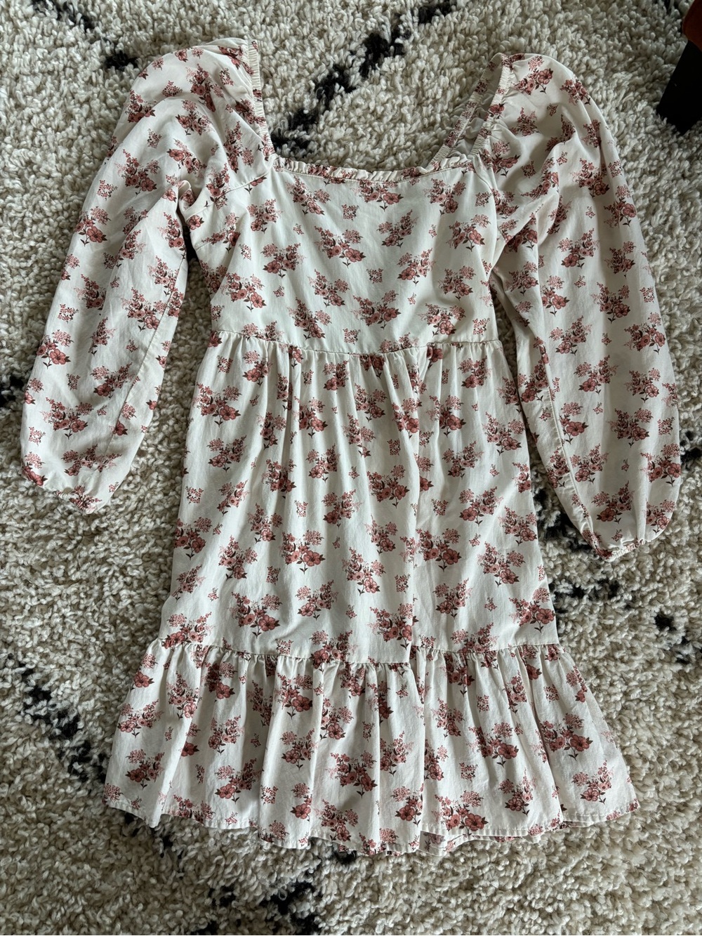 Women’s Floral Puff-Sleeve Dress - White with Rose Print